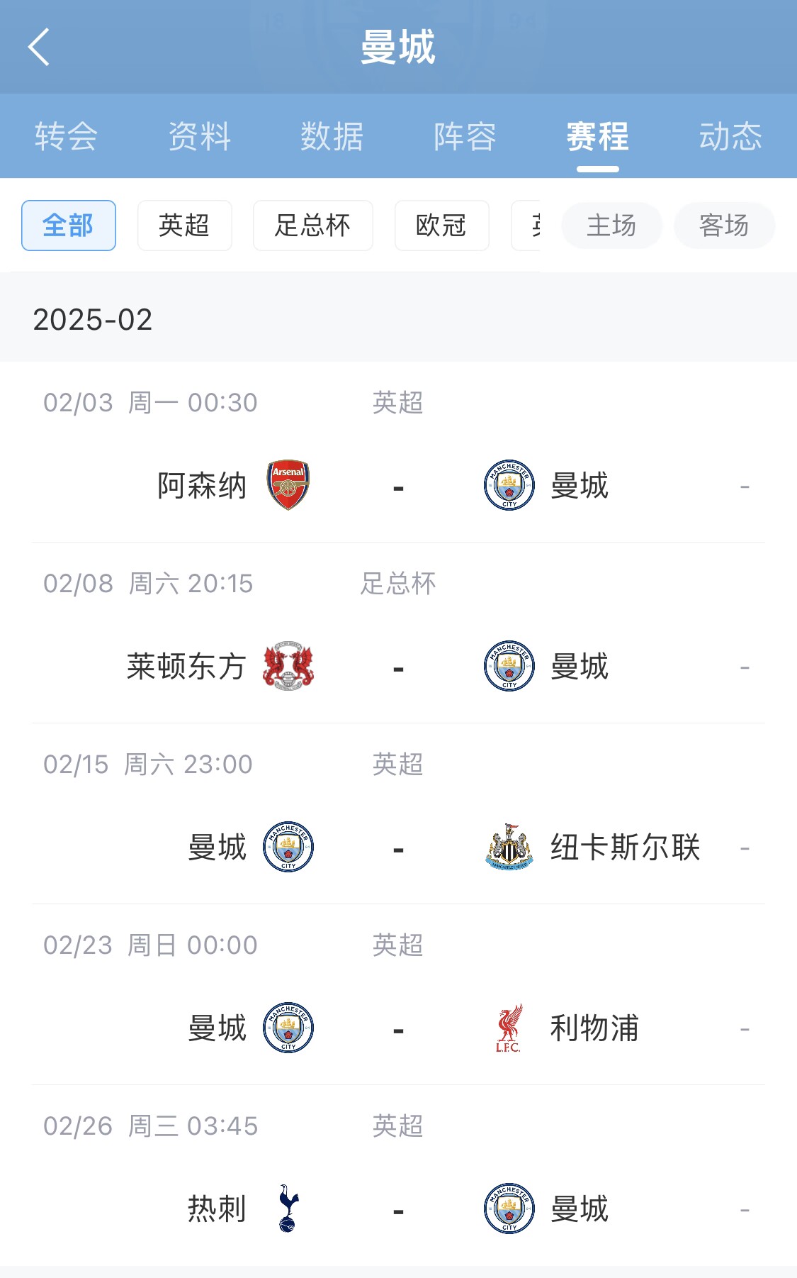 瑟瑟发抖！曼城2月将对枪手纽卡红军热刺+2场欧冠附加赛对皇/仁